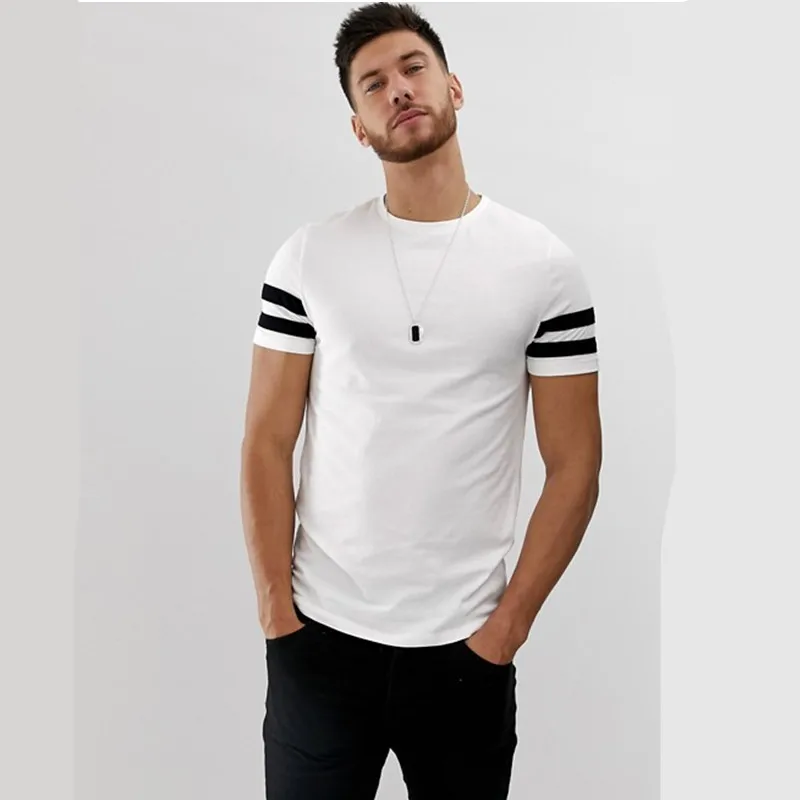 Summer Skinny Tops Mens Fitted T Shirts With Black Contrast Sleeve Stripe In White Tight Tees For Muscle Trainer T Shirts Aliexpress