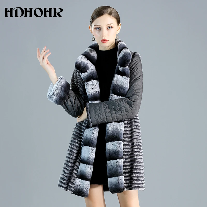 HDHOHR New High Quality Real Rabbit Fur Coat Women Down cotton Natural Fur Jacket Winter Fashion Rex Rabbit Fur Coat Female