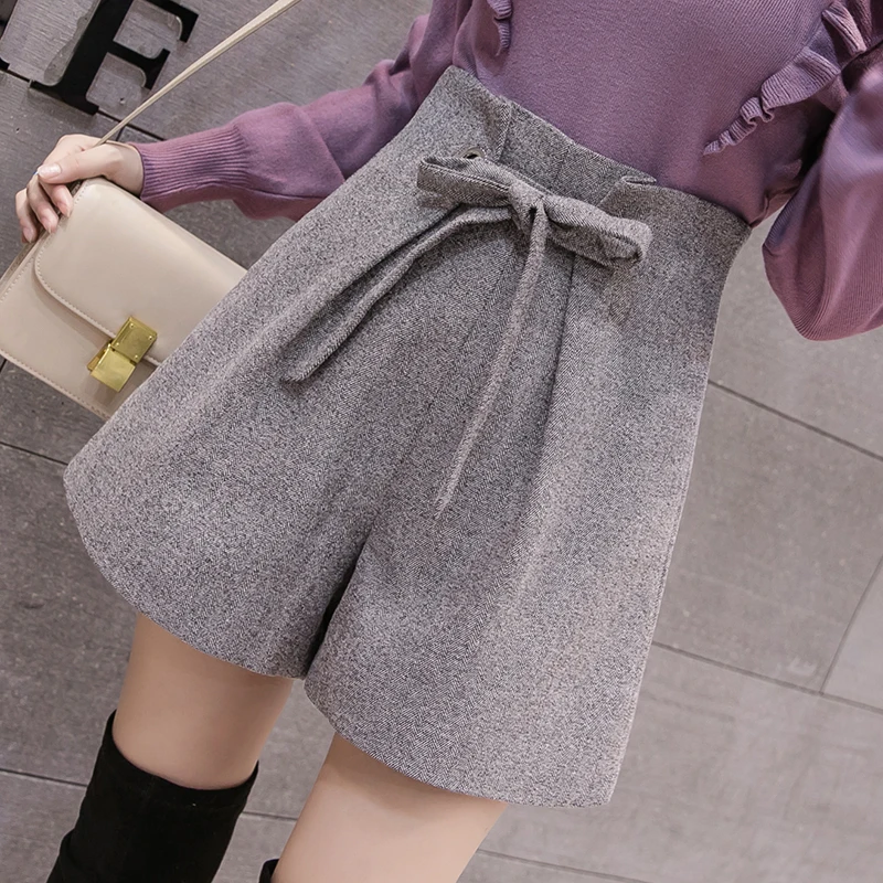 Autumn Winter New Women Wool Shorts Korean Chic Lace-Up High Waist Wide Leg Shorts Ladies Elegant Woolen Shorts