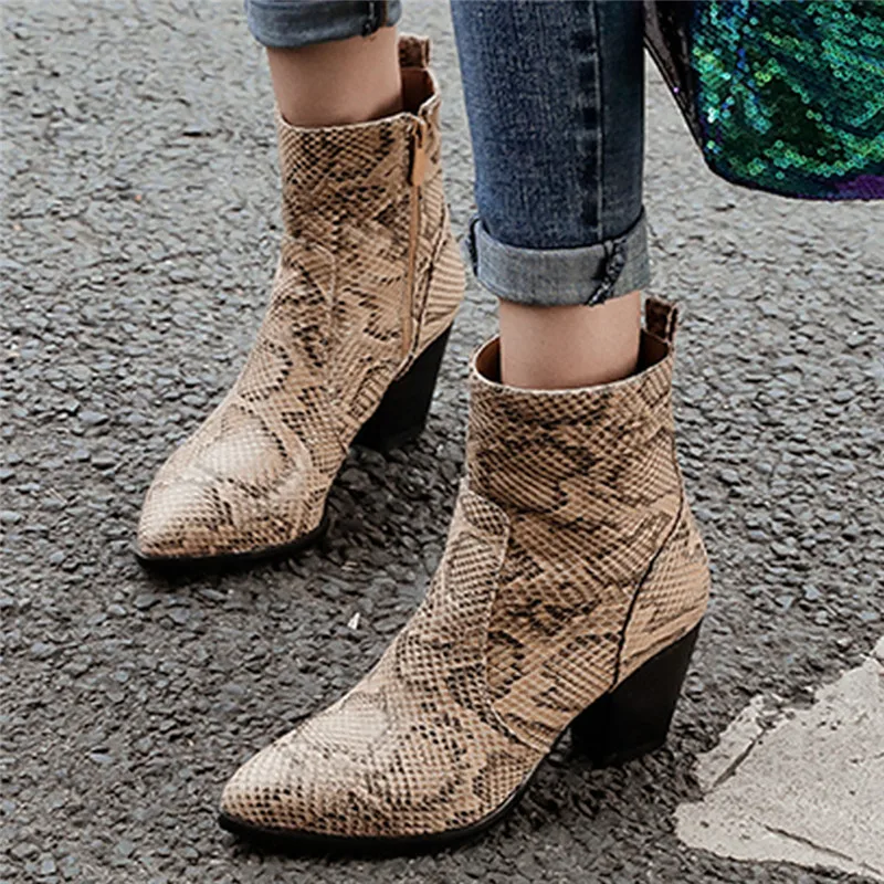 

Genuine Leather Boots Women Snake Primted Pointed Toe Chunky Heels Ankle Boots Retro High-Heeled Botas Mujer Autumn #4