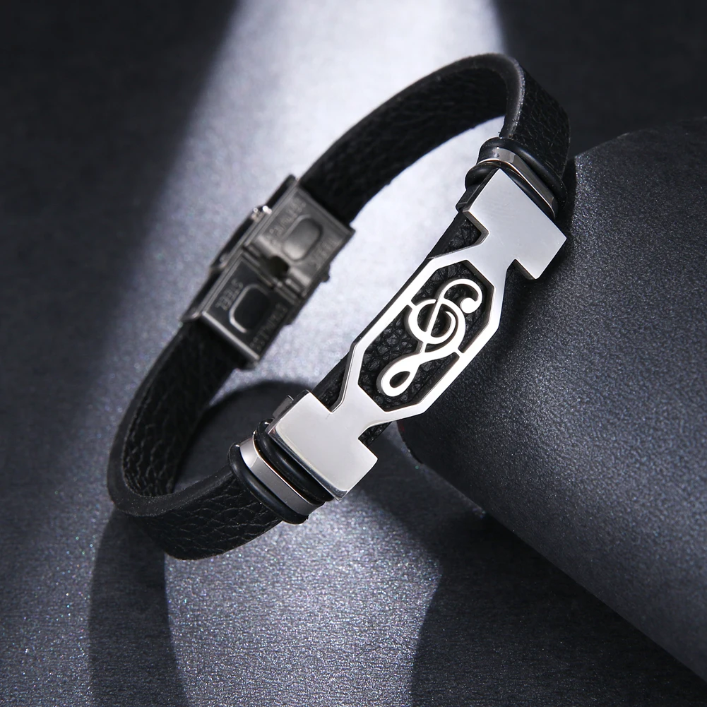 Trend Glamour Jewelry Classical Stainless Steel Music Symbol Bracelet Leather Cuff Bracelet Men And Women Pulsera Hombre bracelet jewelry
