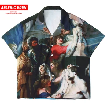 

Aelfric Eden Hawaiian Beach Shirt Men Painting Print Fashion Graffiti Casual Loose Tops Harajuku Short Sleeve Hip Hop Streetwear