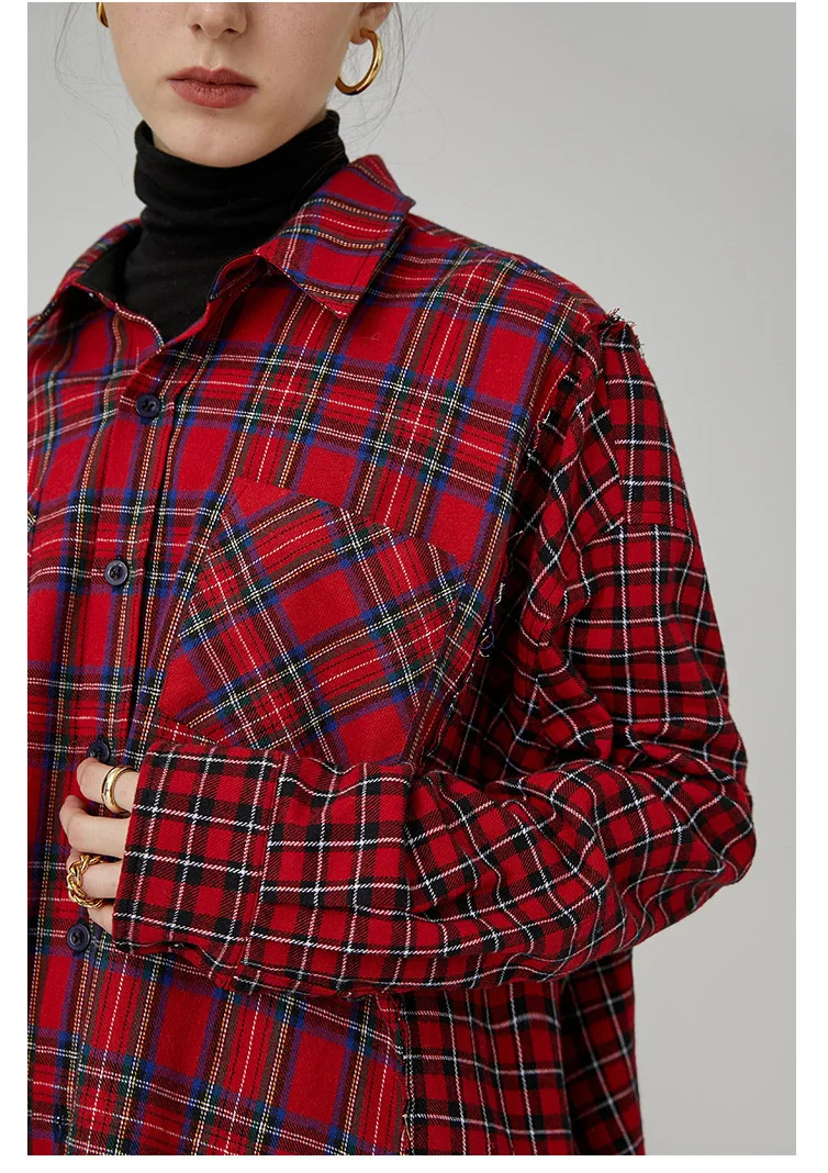 [EAM] Женская Красная Клетчатая блуза большого размера, новая рубашка свободного кроя с отворотом и длинным рукавом, модная весенняя Осенняя 1D986