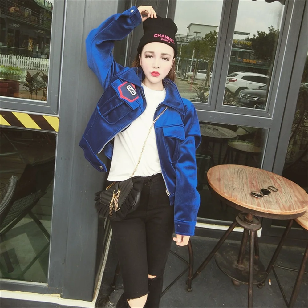 Для женщин Винтаж бархатные куртки новые зимние и осенние короткие отложной воротник письмо свободную моду с карман куртки женские - Цвет: see chart
