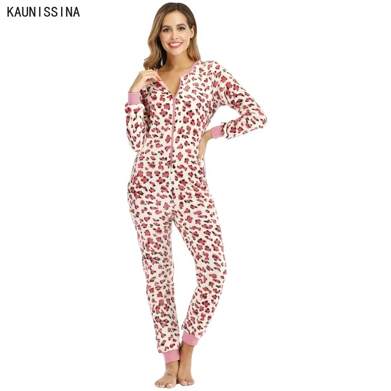 

Winter Pajamas Women Onesies Leopard Print Flannel Jumpsuits Sleepwear Autumn Overall Plus Size Pajama Onesie For Women Adults