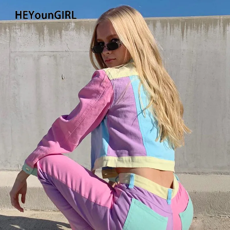 

HEYounGIRL Patchwork Pink Cropped Jacket Women Casual Y2K Long Sleeve Coats Ladies Autumn Button Overcoat Fashion Streetwear