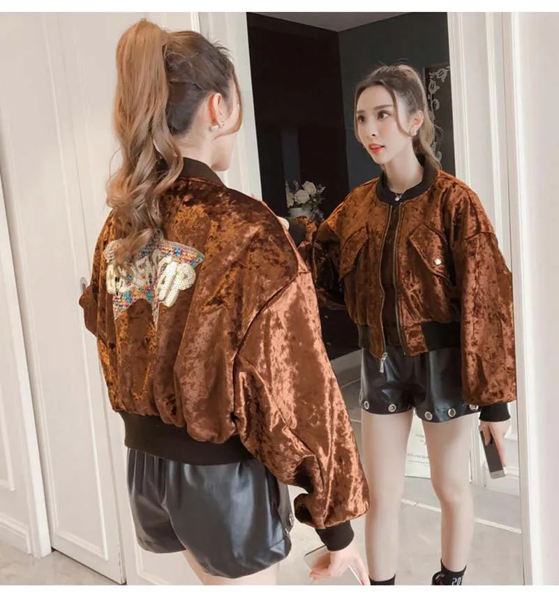 

NiceMix Spring Fashion Gold Velvet Jacket Women 2019 Autumn Stand Collar Long Sleeve Short Coat Loose Plus size Sequin Bomber Ou