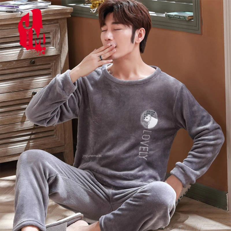 men pajamas winter 4XL размера плюс Мужские пижамные комплекты зимние Длинные коралловые флисовые Мультяшные полосатые толстые теплые пижамы для мальчиков Pijama Mujer повседневные пижамы - Цвет: men pajamas winter