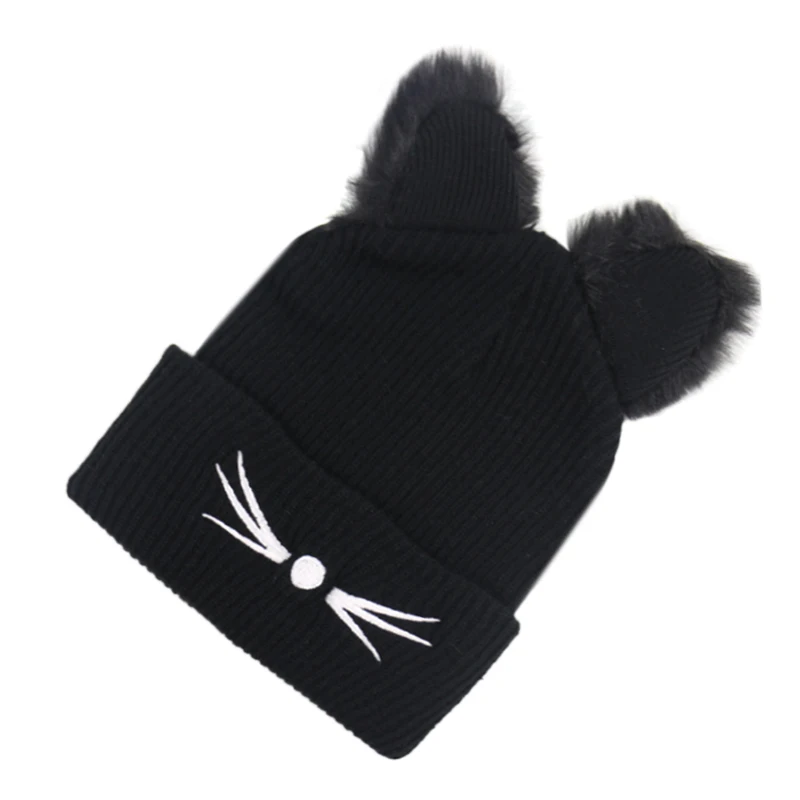 Winfox Новые Вязаные шапочки для женщин, модная шапочка с кошачьими ушками, зимние шапки - Цвет: Черный