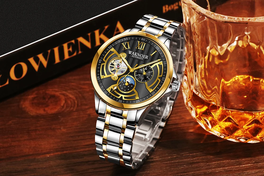 WAKNOER механические часы мужские светящиеся автоматические часы Tourbillon водонепроницаемые механические часы для мужчин полностью стальные часы