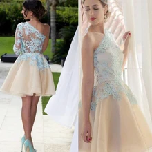 Элегантные аппликации из бисера Шампанское короткие выше колена Мини Тюль одно плечо формальных платья на выпускной бал платья