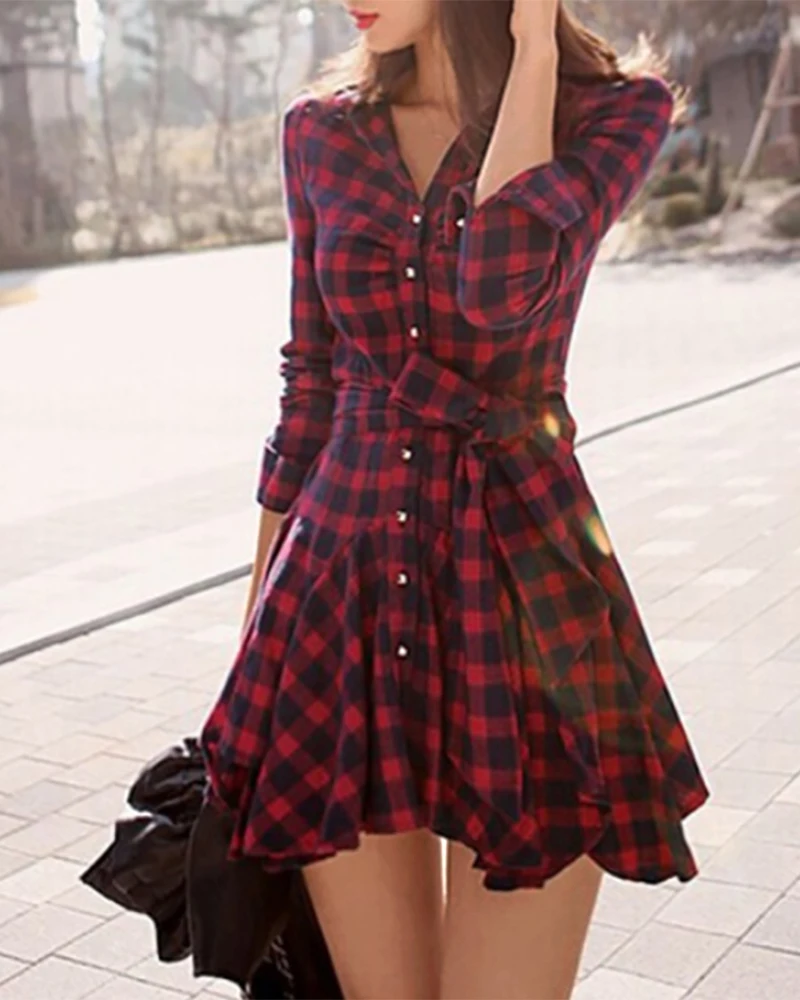 

2020 Women Spring Autumn Elegant Plaid Ruffles Hem Button Front Shirt Dress Turn-down Collar Long Sleeve Casual