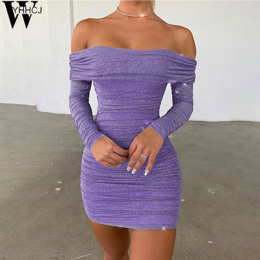 WYHHCJ NewOff мини-платья с длинным рукавом, тонкое, с рюшами, эластичное, с открытой спиной, фиолетовое облегающее женское прозрачное сексуальное платье для вечеринки
