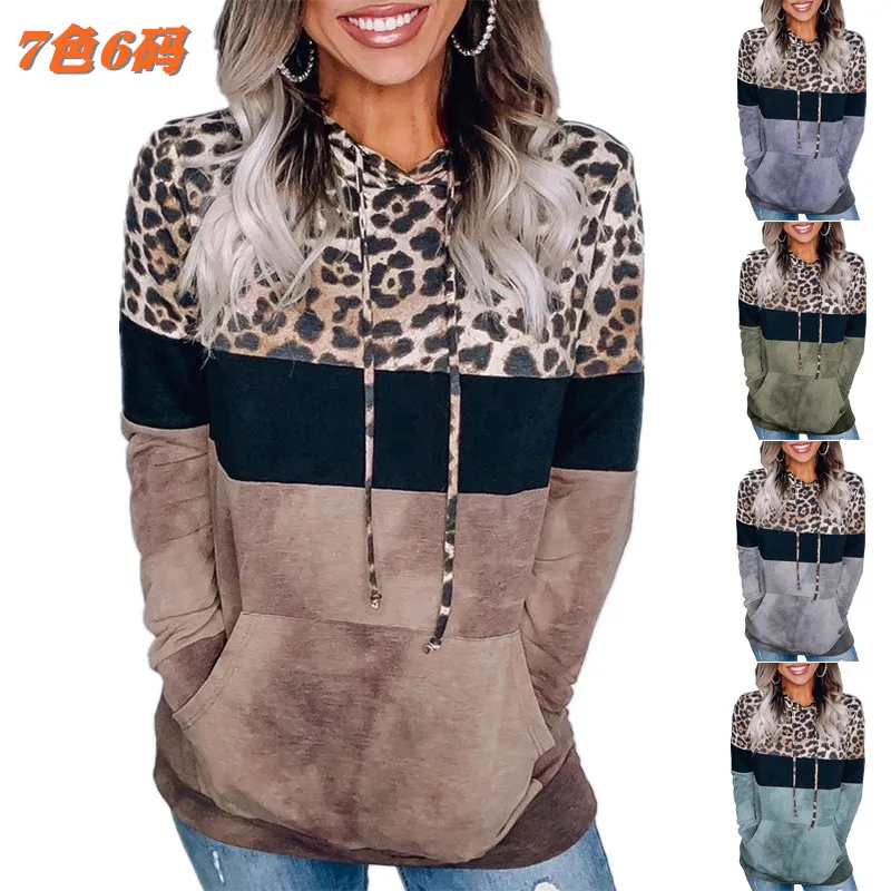 

Women Sweatshirt Long Sleeve Leopard Print Patchwork Hooded Sweatshirt Harajuku Hoodies Oversized Pullover Hoody With Pocket