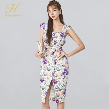 

H Han Queen Print Vintage Elegant Office Lady Dress Summer Split Pencil Wear Work Vestidos Business Party Women Bodycon Dresses