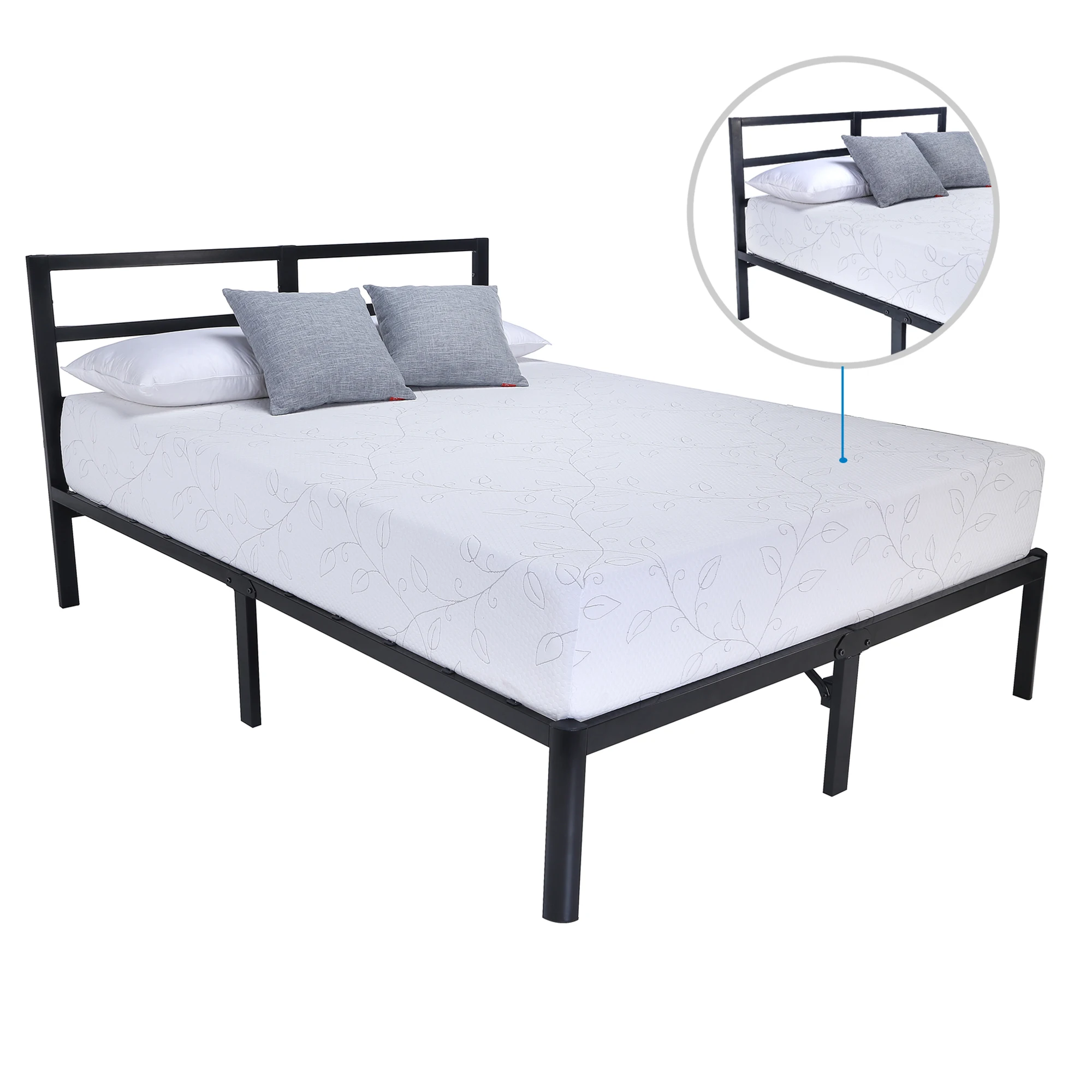 

14" Heavy-Duty Metal Bed Frame with Slats and Headbord Mattress Foundation Twin to King Size