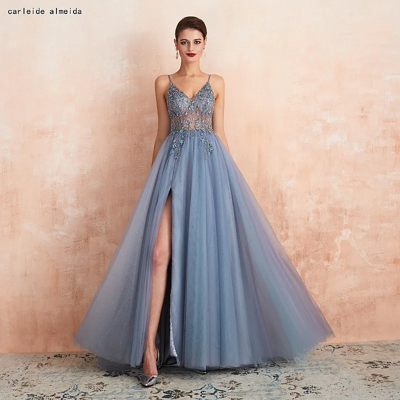 

Spaghetti Straps Soft Tulle Blue Prom Dresses with Bead Bodice Sexy High Slit Prom Dresses Long