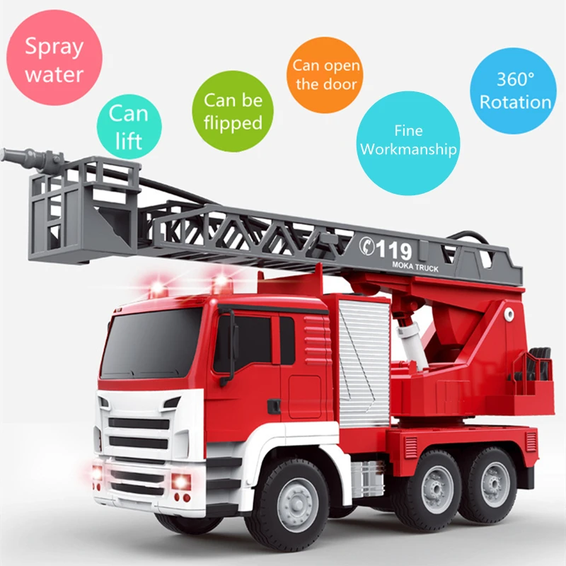 Water Spray 2.4G RC Fire Truck 660° Rotation One-click Demo Ladder Lift Cool Lighting Remote Control Truck Water Fire Car Gifts 2