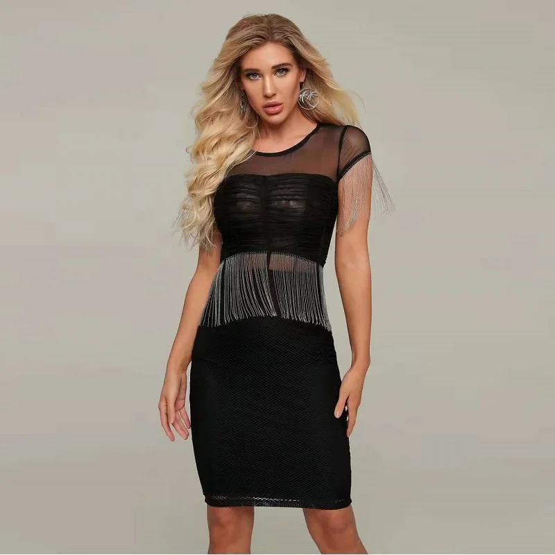 Черные Сетчатые Модные ботильоны с кисточками и круглым вырезом Vestidos Новые поступления сексуальное Бандажное облегающее короткий рукав Элегантные вечерние Для женщин платья
