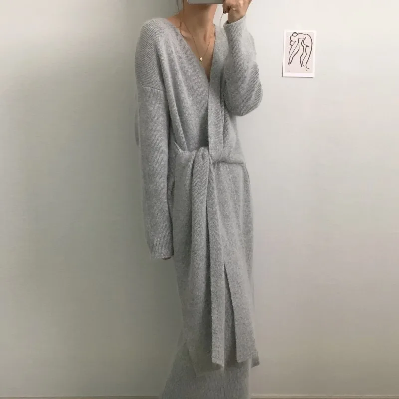 Новое корейское кашемировое платье-свитер с поясом, женское модное офисное вязаное платье с v-образным вырезом, зимнее теплое плотное платье