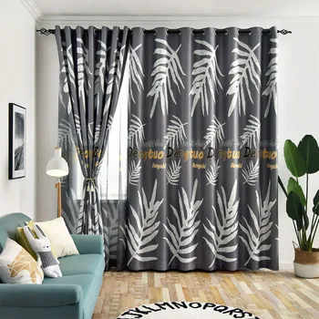 

High Shading Blackout Curtains for Living Room Kitchen Gray Leaves Plants Pattern Blinds Window Drapes