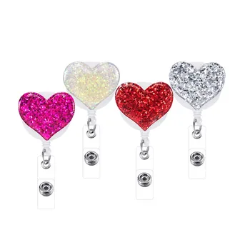 

4pcs Nurse Badge Holder Shiny Rhinestone Heart Shape Nurses Retractable ID Card Badge Reel Clips (Random Color)