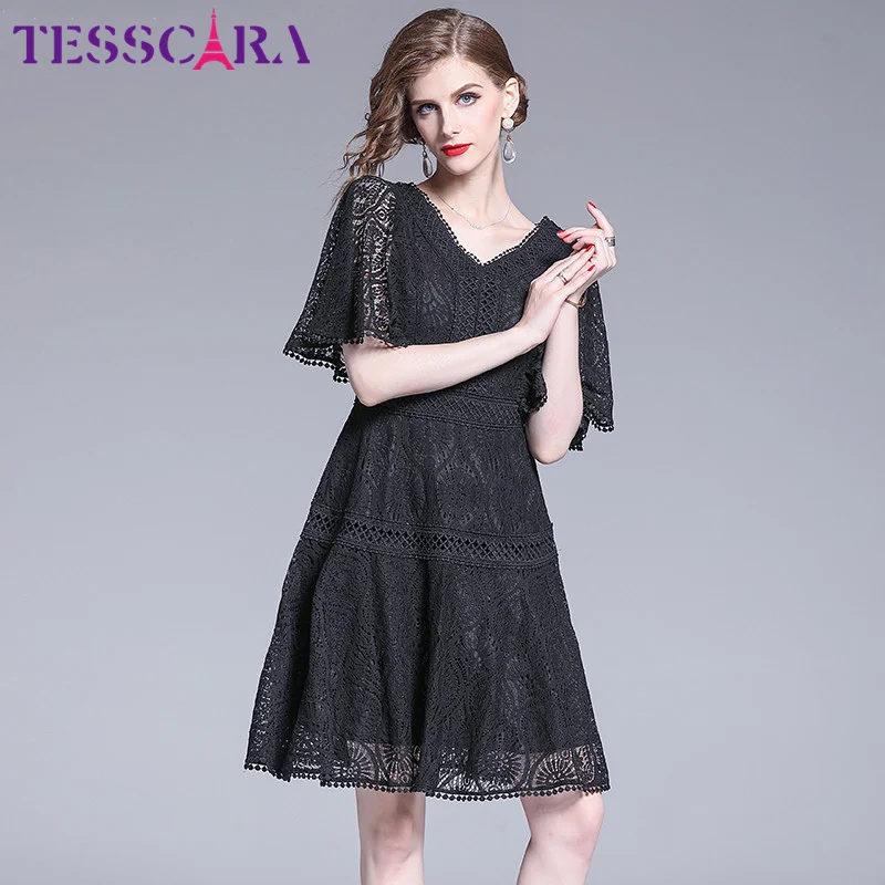 Black TESSCARA женское летнее роскошное кружевное платье Festa женские вечерние платья высокого качества Femme с v-образным вырезом дизайнерские элегантные черные платья - Цвет: Black