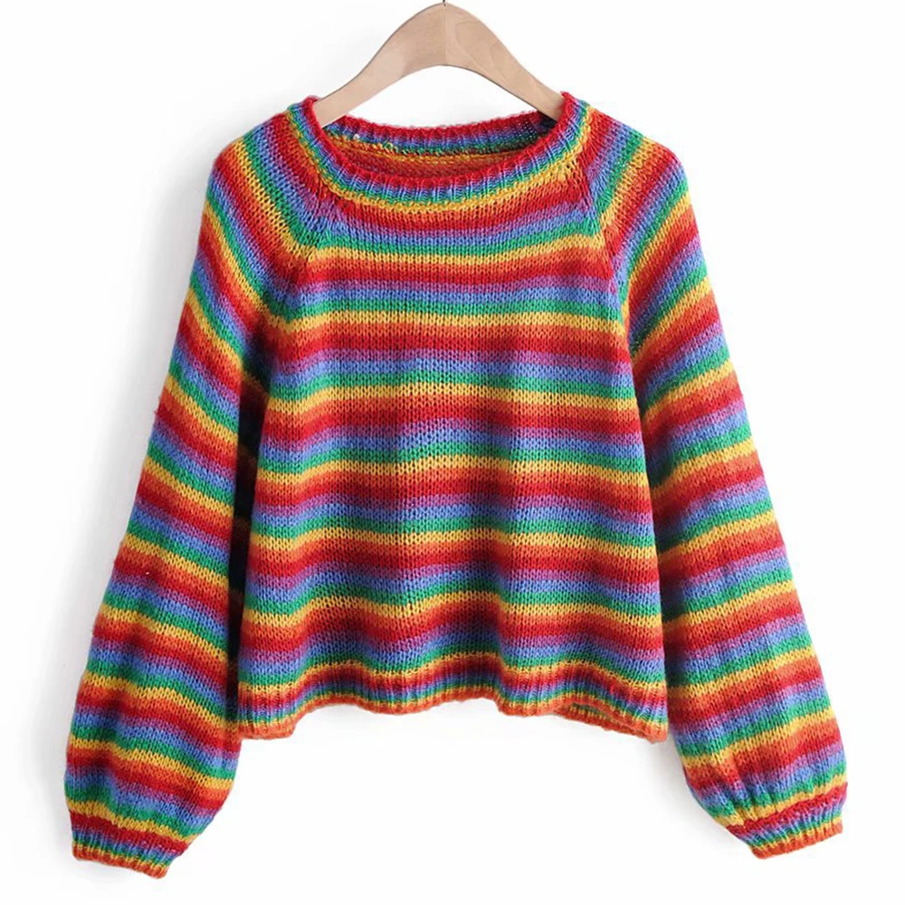 

Sovalro Rainbow Striped Women Causal Sweater Winter Lazy Round Collar Female Pullovers Drop Shoulder Loose Femme Sweater Tops