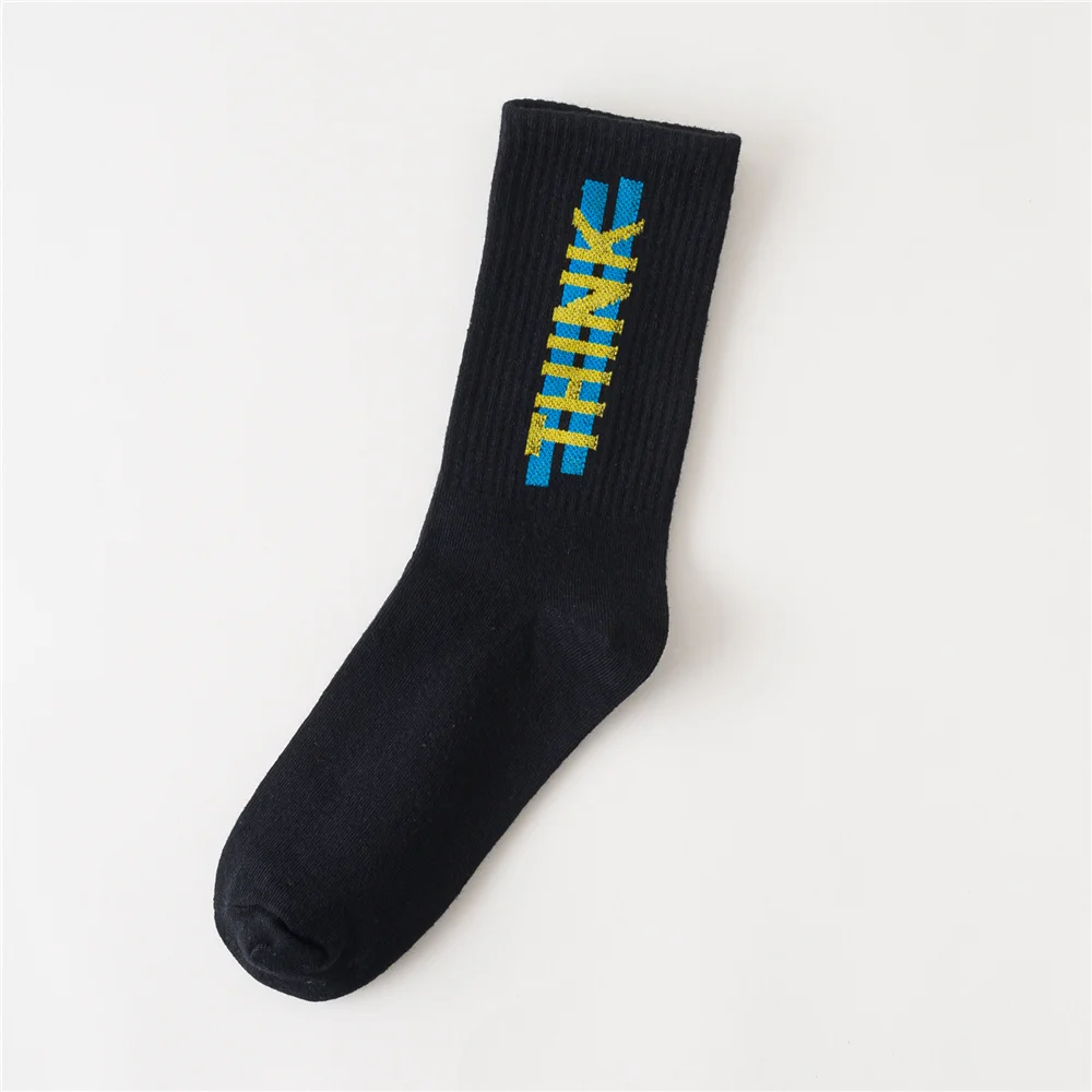 Women's Funny Words Loved Think Drink Sleep Play Lettered Striped Art Socks Couples Skateboard Hipster Street Dance Harajuku Sox - Цвет: Black Think