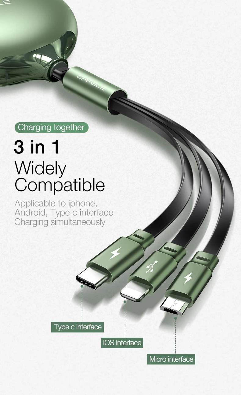 Cafele 3 в 1 Выдвижной USB кабель для iPhone 7 X Xs Lightning Кабель Micro usb type C зарядный кабель для samsung S9 мобильный телефон