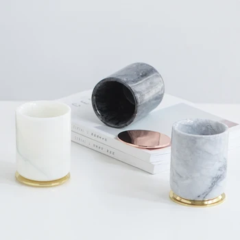 

Nordic natural marble with lid cup three color water cup two color metal lid candle cup storage pen holder ornament