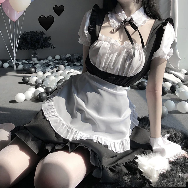 Sexy Cute Lace Up Black and White Maid Dress Role Play Costume Transparent Chiffon Cosplay Anime Uniform Temptation Suit 0613 3