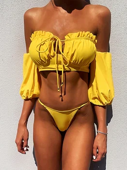 

Sexy Bikini Bathing Suit Women Low Waist Wire Free Two Piece Solid Color Swimsuit Swimwear Nylon Push-up Bikini