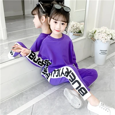 Purple 1 Комплект одежды для больших девочек, модная Осенняя Спортивная одежда для маленьких девочек, спортивные костюмы для подростков, полосатая толстовка с капюшоном+ штаны, костюм для детей 10, 12 лет - Цвет: Purple 1