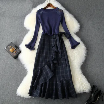 

High Quality Vintage Party Robe Long Elegant Cocktail Vestidos Women Runway Designer Luxury Plaid Ruffle Dress Suit Set