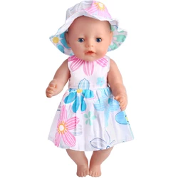 Vêtements de poupées américaines pour garçons et filles de 43 Cm, robe d'été bleue blanche imprimée + chapeau, jouets pour enfants de 18 pouces, cadeau f216 