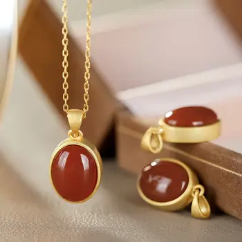 

silver inlaid natural South Red Classic Oval Pendant Necklace Chinese style retro craft gold light luxury charm women's jewelry