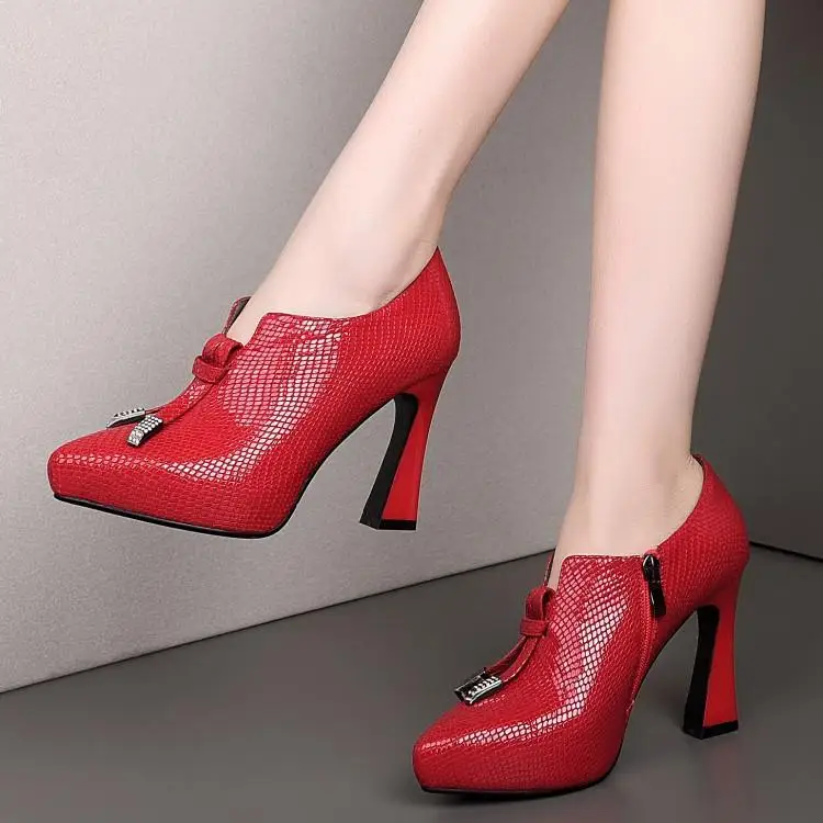 

Super high heel wedding women's shoes thick heel waterproof table side zipper single toe layer cowhide