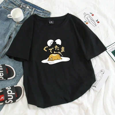 black Японский Harajuku милый Gudetama Lazy Egg Yolk Kawaii Футболка женская хлопковая Футболка с рисунком Harajuku женская футболка Топы - Цвет: black