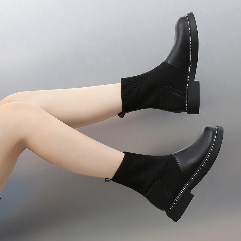 

Low Heels booties Lady Boots Round Toe Bootee Woman 2019 Women's Rubber Shoes Rain Lace Up Ladies Mid Calf Autumn Mid-Calf Chunk