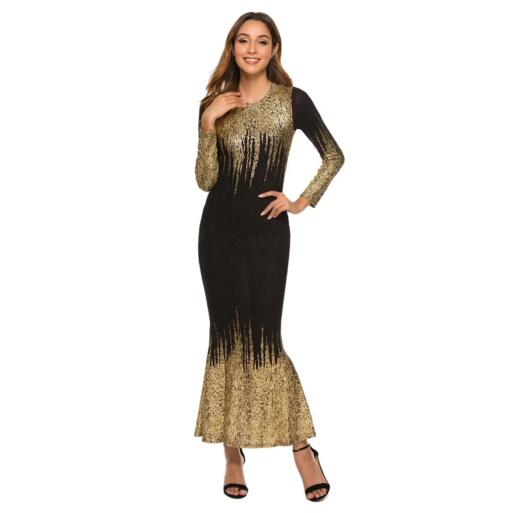 Vestidos robe hiver femme платья размера плюс женские вечерние платья с круглым вырезом и длинным рукавом золотого и серебряного цвета с принтом sukienki