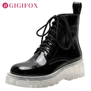 

Brand Design Skidproof Clear Sole shoelaces Winter Shoes Cool Motorcycle Boots Patent Leather Women Ankle Boots