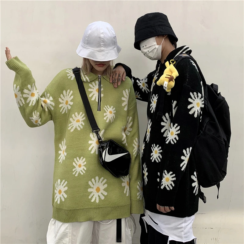 Осенний свитер, Женский винтажный свитер Ins Harajuku, свитер с хризантемами, хлопковый свободный свитер на молнии с отворотом, свитер большого размера