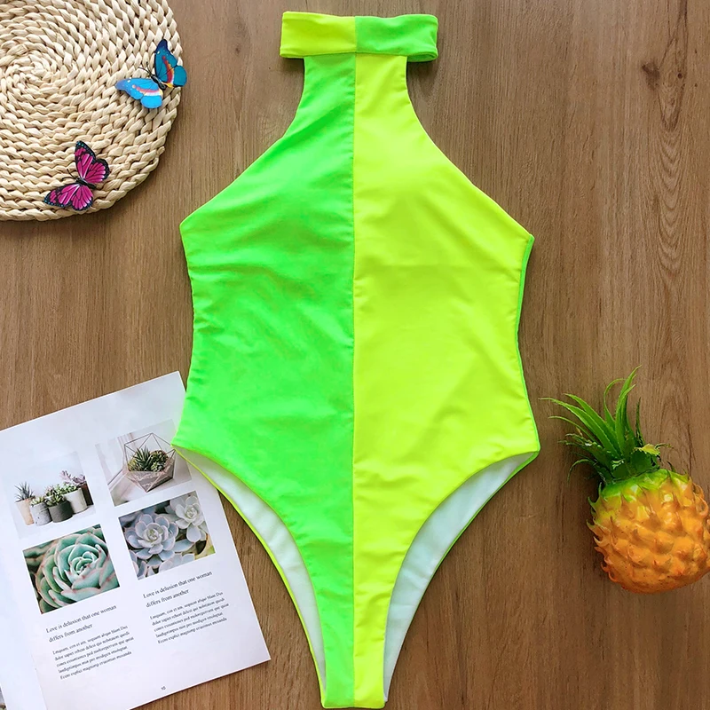 High leg bodysuits one-piece swimwear female Patchwork bikini Sexy swimsuit women summer bathers Neon high neck monokini