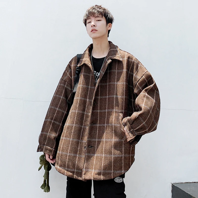 

Autumn Plaid Jacket Men's Fashion Retro Casual Lapel Jacket Man Streetwear Wild Loose Hip Hop Bomber Jacket Male Outwear M-2XL