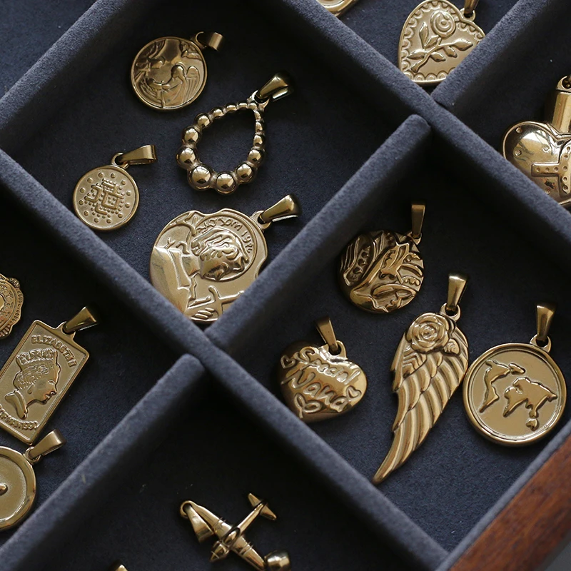E.B.belle DIY Jewelry Stainless Steel Gold Plated Casting Vintage Flower Sun Earth Heart Cross Portrait Pendants Charms