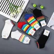 Конфеты цветные радужные носки в полоску модные повседневные уличные зимние меховые сапоги, новинка, женские весенние, летние носки удобная обувь из дышащего хлопка короткие носки