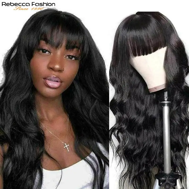 Парик из человеческих волос Rebecca Body Wave с челкой натуральный цвет полноразмерный