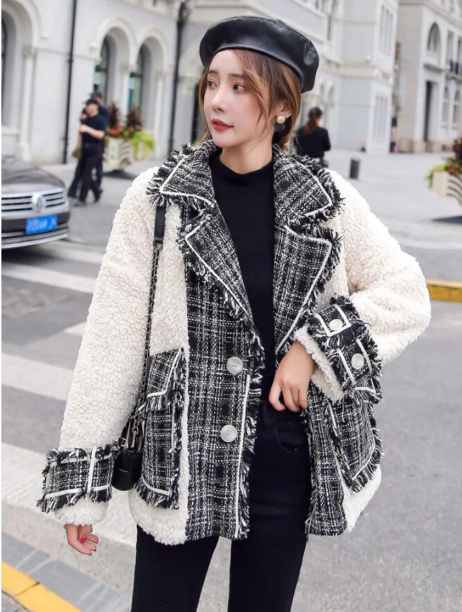 SHENGPALAE осень зима длинный рукав отложной воротник куртка Лоскутная свободная корейская мода овечья шерсть Женское пальто 5D094
