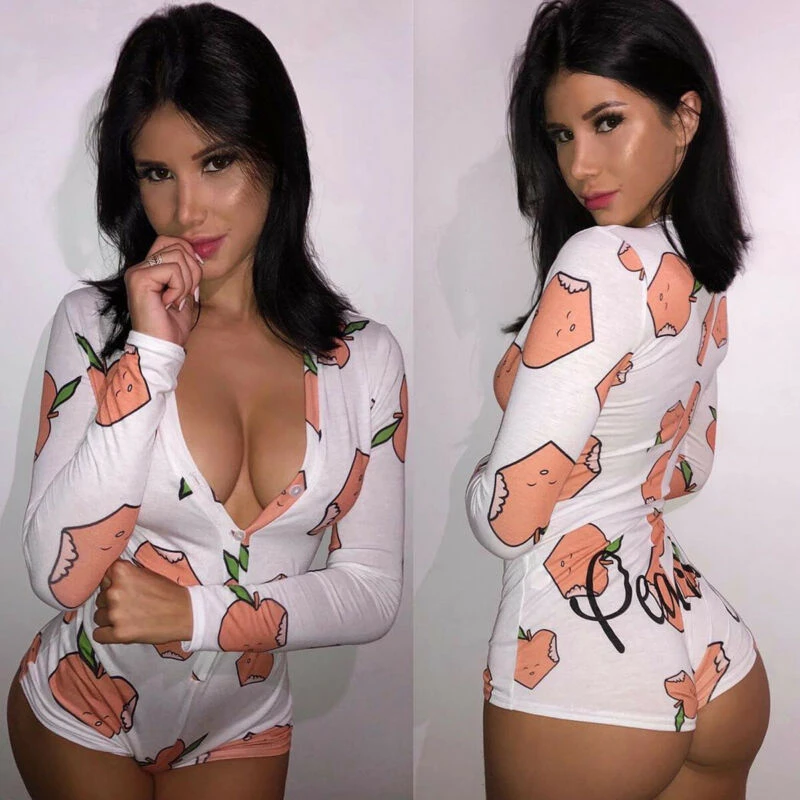 long sleeve bodysuit Womens Sexy V-Neck Long Sleeve Bodycon Casual Peachy Spicy Print Button Sleepwear Jumpsuit Shorts Romper Leotard Button Bodysuit body suits for women